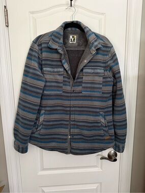 Voyager - Men's Striped Fleece-Lined Jacket - Blue & Gray with 2 inside pockets